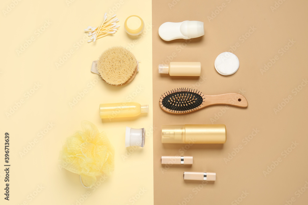 Travel cosmetics kit on color background