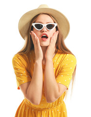 Wall Mural - Surprised woman with stylish sunglasses on white background