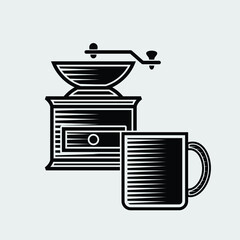 Coffee cup and coffee mill icon isolated on white background. Vector illustration.