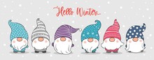 Draw Banner Gnomes In Snow For Winter And Christmas