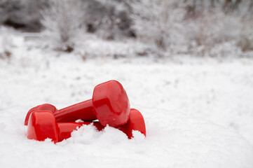 Two red dumbbells on a white snow. Healthy lifestyle winter composition, exercising in cold weather.