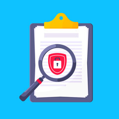 Wall Mural - Privacy policy, safety lock and data protection metaphor. Shield with padlock on the clipboard with personal data security protection symbol flat style design vector illustration.