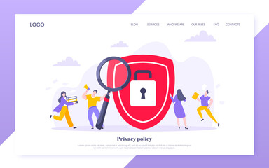 Privacy policy personal data protection business concept. Safe using internet on the work metaphor flat style design vector illustration. Tiny people working together and big shield with padlock.