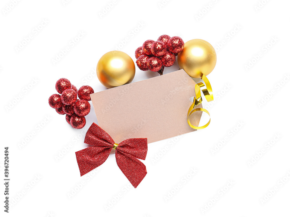 Beautiful Christmas composition with blank card on white background