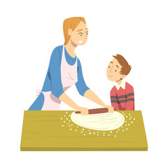 Sticker - Mom and her Son Rolling out the Dough in the Kitchen, Parent Spending Time with Child and Cooking Together Cartoon Style Vector Illustration