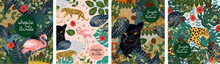 Jungle, Animals And Tropics. Vector Illustrations Of Flamingo, Panther, Tiger, Leopard, Palm Leaves, Flowers And Textures. Drawings For Poster, Background And Cover