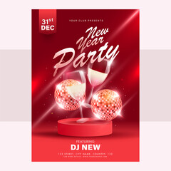 Wall Mural - New Year Party Flyer Design With 3D Wine Glasses And Disco Balls On Red Background.