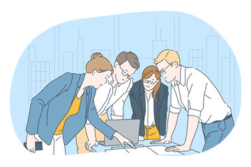 Wall Mural - Teamwork, brainstorming, business communication about startup concept. Group of young business people coworkers cartoon characters standing discussing project in office with laptop and documents