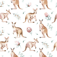 Watercolor australian cartoon kangaroo seamless pattern. Australian kangaroos set kids illustration. Nursery wallpaper art