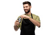 © Syda Productions - alcohol drinks, people and job concept - happy smiling barman with shaker preparing cocktail over white background