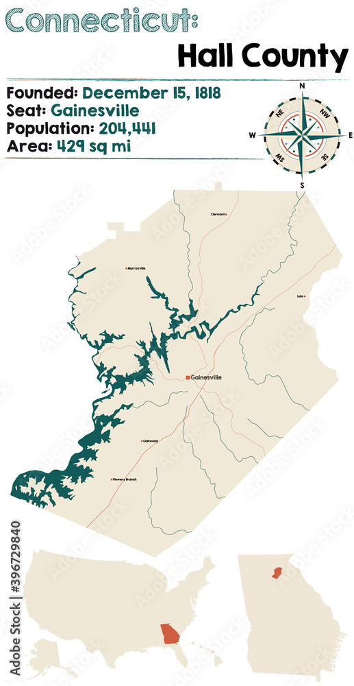 Large and detailed map of Hall county in Georgia, USA. Stock Vector ...