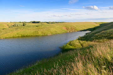 Wall Mural - Summer landscape with a small pond and banks covered with green grass