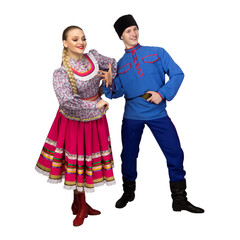 Wall Mural - Beautiful caucasian cuple dancing in Russian folk costumes isolated on white