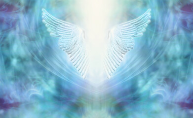  High Resonance Turquoise Blue Angel Wings Spiritual Background - blue and purple ethereal background with a pair of Angel Wings in the centre and a shaft of bright light between with copy space

