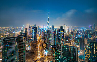 ,dubai, uae ,dubai skyscrapers in beautiful city center and sheikh zayed road traffic,dubai,united a