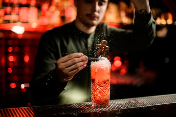 view on bartender decorating glass of cold cocktail with chocolate candy and powdered sugar.