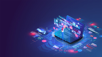 Leinwandbilder - Web coding on laptop. Synchronization work data with cloud storage. Concept script coding and programming in php, python, javascript, other languages. Software developers. Website design optimization