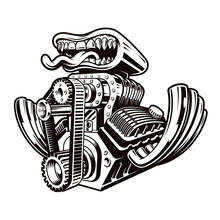 A Black And White Cartoon Hot Rod Engine Illustration Isolated On A Dark Background