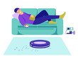 © Екатерина Бондарук - A young man lies on the couch, controls the robot vacuum cleaner from the remote control. Modern wireless equipment for cleaning the apartment. Vector illustration in flat style. Isolated on white.