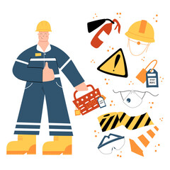 Wall Mural - Construction or factory industrial worker wearing hard hat, work clothing and boots. Worker with LOTO box, locks, tags. Safety equipment and PPE clipart with warning tape, danger sign. Lock out Tag ou