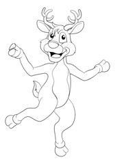 Wall Mural - Christmas Santas reindeer cartoon character dancing or running along. In black and white outline like a coloring book page.