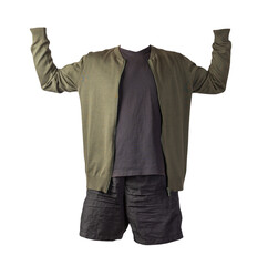 mens bomber jacket, t-shirt and sports shorts isolated on white background.