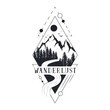 Hand drawn wanderlust badge with forest trees, mountain, moon and lake. Vector isolated adventure print. Geometric frame for travel label. 