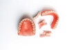 © MISHA - Dental prosthetics on a white background. Dentures. Prosthetic teeth. False teeth. Prosthetic dentistry. Set of dentures on a white background. Top view of complete denture on white background
