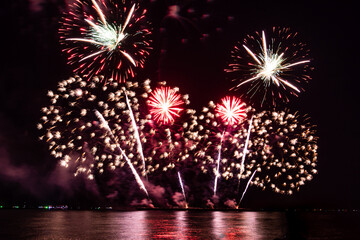 Wall Mural - Colorful of fireworks In the sea display on sky background