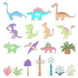 Fototapeta Dinusie - Vector collection of cute cartoon imaginary dinosaurs and ancient plants.