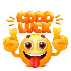 Wall Mural - Good luck web sticker. Yellow emoji cartoon character. Emoticon smile face