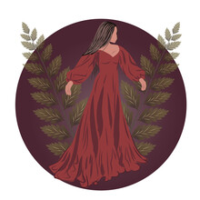 Brunette In Red Dress With Two Twigs And A Burgundy Circle Behind Her
