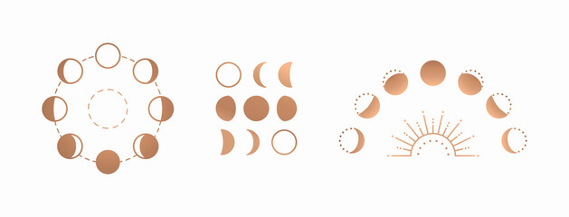 Wall Mural - Phases of the moon, boho moon sun vector illustration, isolated on white background