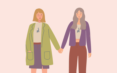 Lesbian couple. Young female partners hold each other hand. Homosexual, lgbtq, love, friend concept. Flat style character vector illustration.