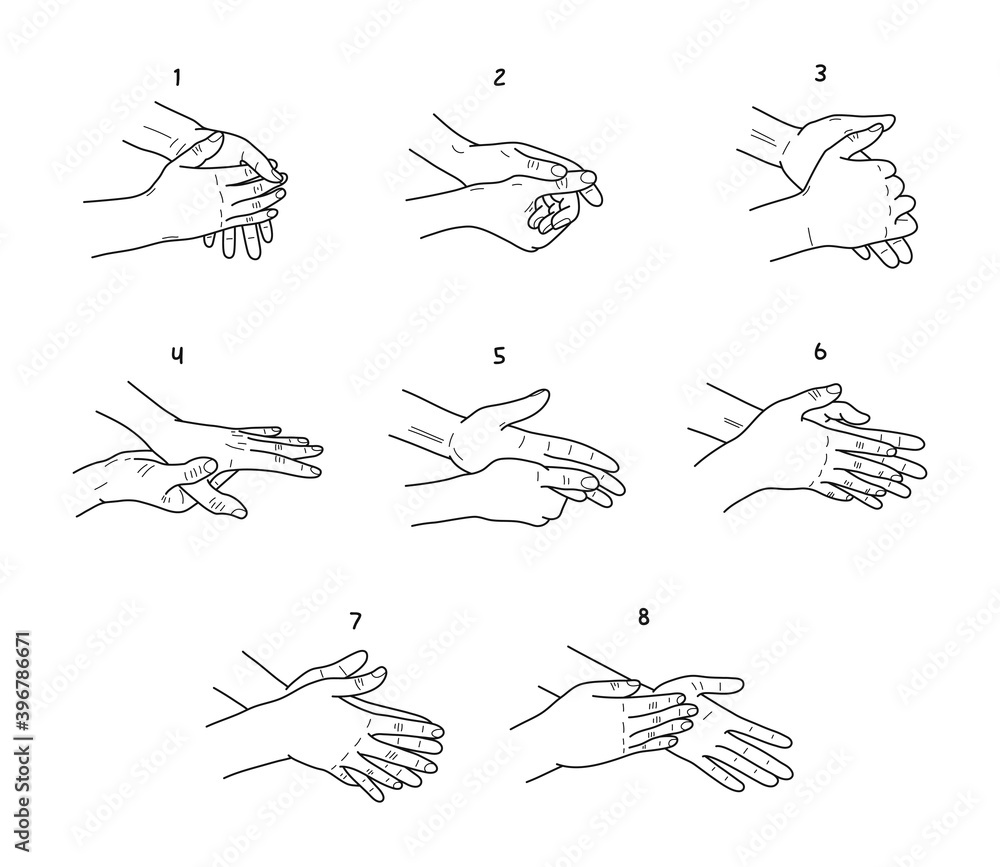 Hand washing instructions black and white illustrations set. Palms and fingers cleaning steps sketches pack. Routine individual hygiene procedure stages drawings. Infographic.