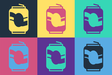 Pop art Soda can icon isolated on color background. Vector.