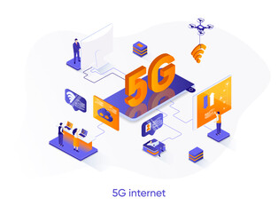 Fototapete - 5G Internet isometric web banner. Mobile telecommunication system isometry concept. 5G generation standard 3d scene, cellular network technology flat design. Vector illustration with people characters