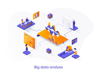 Big data analysis isometric web banner. Analytics and business intelligence isometry concept. Online data analysis 3d scene, information research design. Vector illustration with people characters.