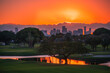 golf course lake trees horizon buildings miami florida sun sky color orange city usa sunrise sunset 