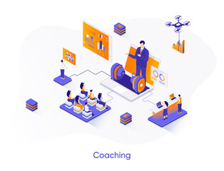 Poster - Coaching isometric web banner. Business motivation and mentoring isometry concept. Online coaching conference 3d scene, professional training flat design. Vector illustration with people characters.