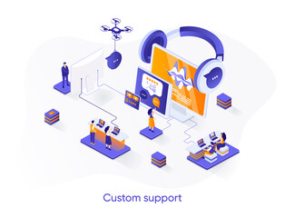 Aufkleber - Custom support isometric web banner. Call center service isometry concept. Online customer assistance 3d scene, hotline consultation and help chat design. Vector illustration with people characters.