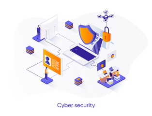 Leinwandbilder - Cyber security isometric web banner. Network and data protection isometry concept. Firewall software 3d scene, Internet privacy and identification design. Vector illustration with people characters.