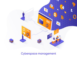 Fototapete - Cyberspace management isometric web banner. Network management software solution isometry concept. Operate and control cyber system 3d scene, flat design. Vector illustration with people characters.