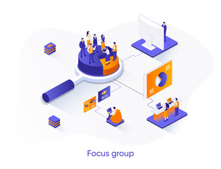 Fototapete - Focus group isometric web banner. Market research isometry concept. Collective discussion and feedbacks 3d scene, focused interview of consumers flat design. Vector illustration with people characters