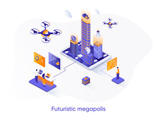Wall Mural - futuristic megapolis isometric web banner. smart city, urban hitech solution isometry concept. moder