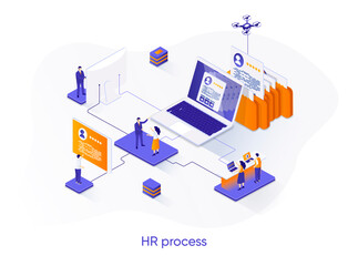 Poster - HR process isometric web banner. Human resource management isometry concept. Staff headhunting 3d scene, study CV of candidates in recruiting agency design. Vector illustration with people characters.