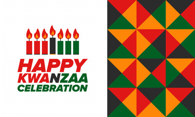 Kwanzaa Happy Celebration. African and African-American culture holiday. Seven days festival, celebrate annual from December 26 to January 1. Black history. Poster, card, banner and background. Vector