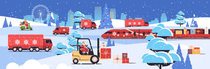 Wall Mural - different transport delivering gifts merry christmas new year holidays celebration delivery service concept greeting card cityscape background horizontal vector illustration