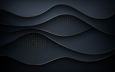 Wall Mural - wavy black overlap layer background with golden glitters and golden line