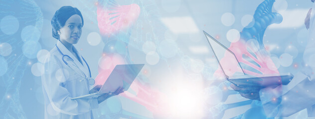 soft focus-doctor or scientist holding laptop computer analysis dna structure molecule chain,medical